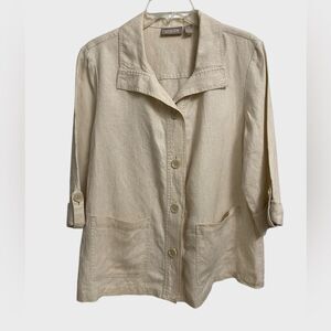 Chico's Linen Button-Front Jacket Women's 1 (M) Roll Tab Sleeves Beige Pockets